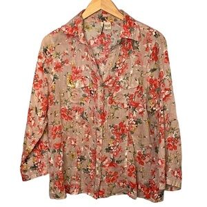 Love Potion Red Floral Sheer Button Down Shirt Women's Size L